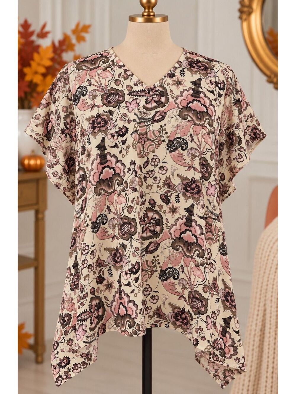 Cotton Bleu Women’s Medium Floral Kimono Poncho Blouse Pink Cream Boho Made USA